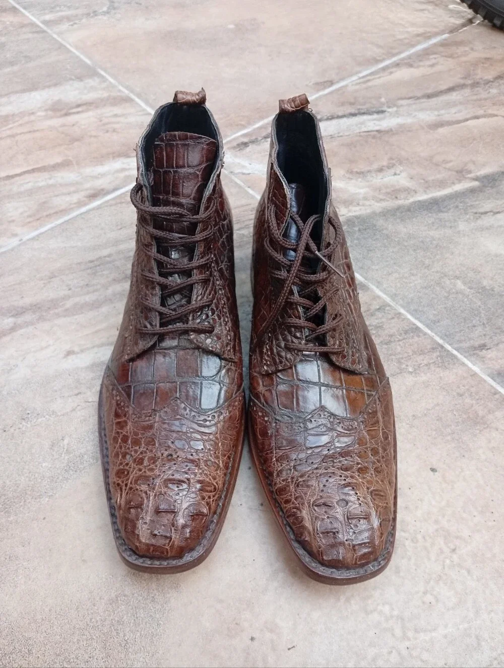 Men's Brown Crocodrile Leather Lace-Up Boots